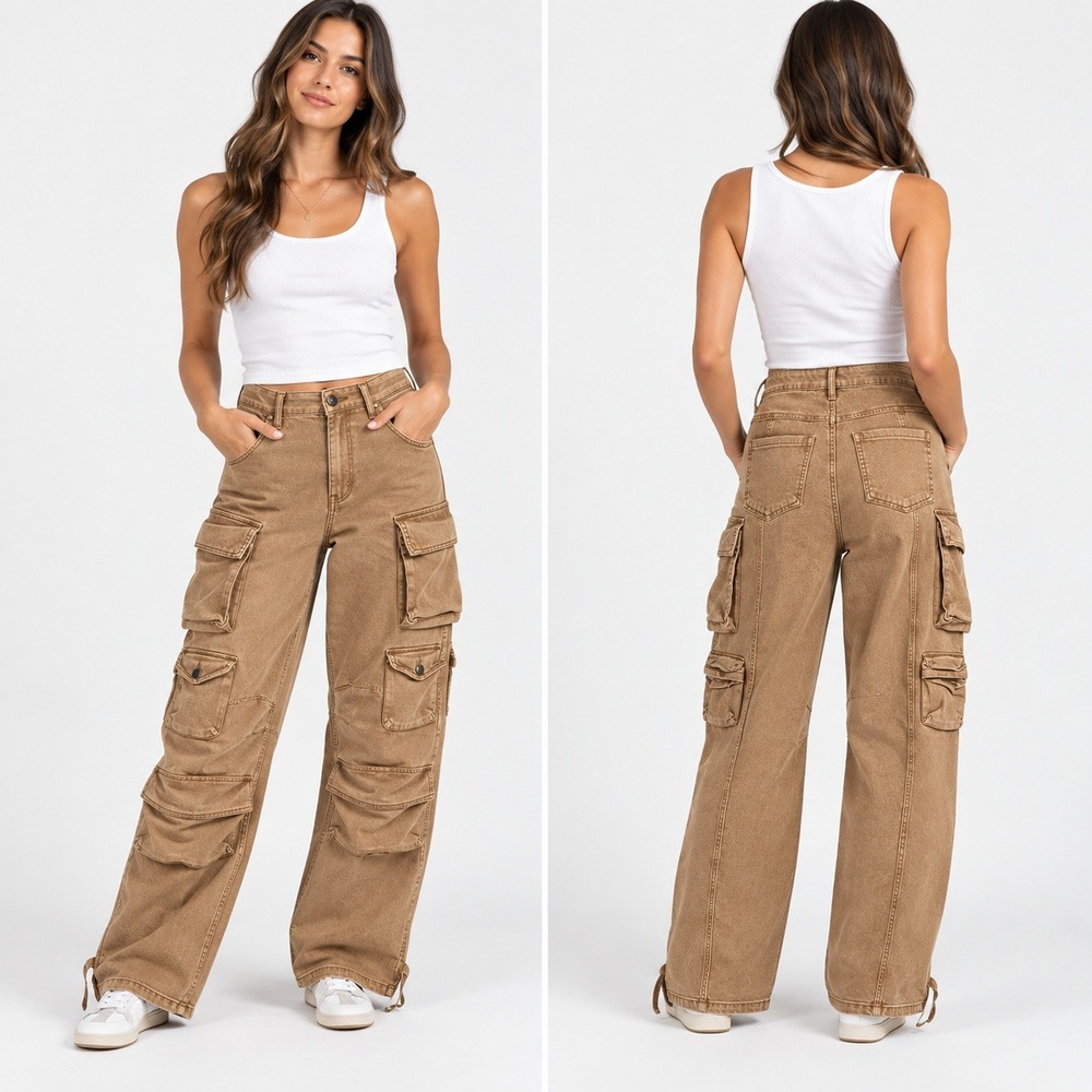 Rehab Lab Womens Baggy Wide Leg Cargo Pants Tan Brown Size L Y2K Streetwear